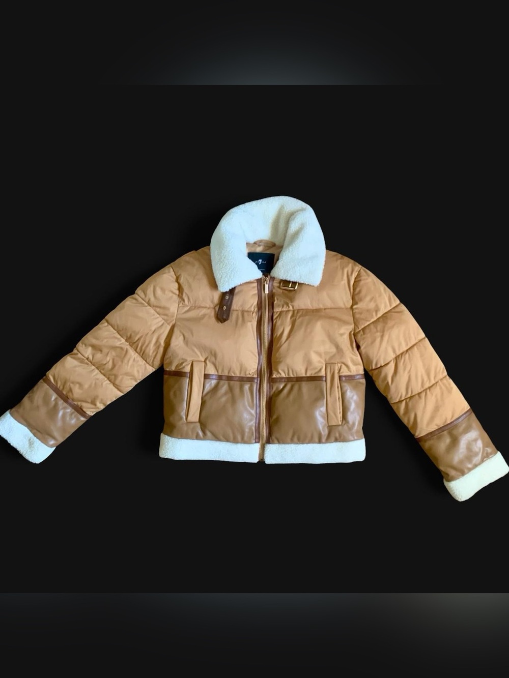 7 For All Mankind Tan Puffer Jacket with Cream Shearling Trim